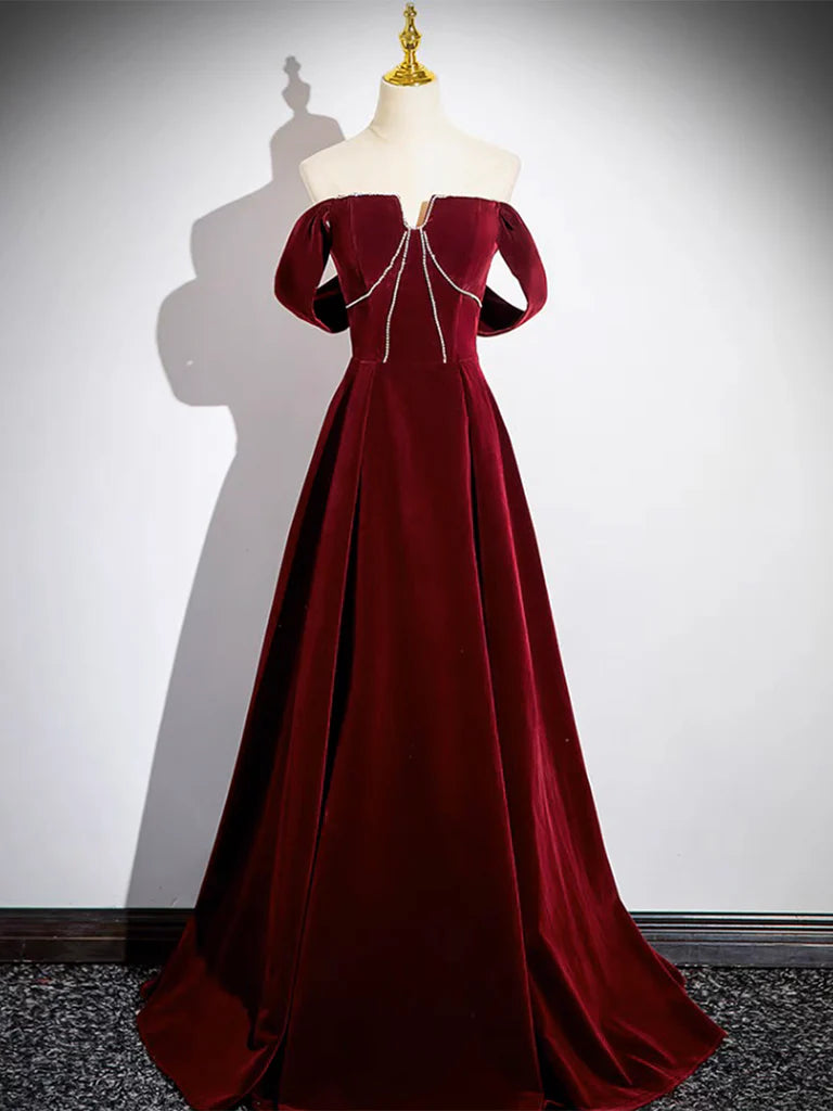 Wholesale A-Line Velvet Burgundy Long Prom Dress Burgundy Long Formal Dress gowns evening dresses